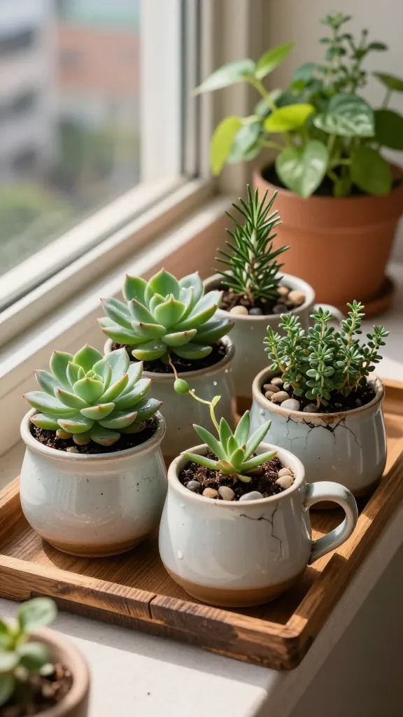 Realistic, high-resolution photo of a cozy outdoor balcony corner showcasing “Cracked-Mug Mini Planters” as part of a budget DIY garden. Focus on a small cluster of 4–5 mismatched, gently chipped ceramic mugs repurposed as planters, arranged on a rustic wooden tray atop a sunlit windowsill or narrow balcony ledge. Each mug contains different small plants: plump echeveria and haworthia succulents in gritty cactus soil, a tiny rosemary sprig, a baby pothos with a few trailing vines, and a compact thyme clump; visible top layers include small river pebbles for drainage. Include subtle soil textures, water droplets on leaves, and natural imperfections on the mugs (hairline cracks, worn glaze). Background softly blurred with a cityscape hint and potted herbs, creating depth and a lived-in feel; warm morning light casting soft shadows. Natural color palette, shallow depth of field, ultra-detailed textures, 50mm lens, realistic photography, no text.