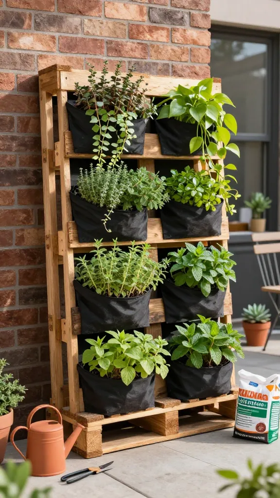 A realistic, high-resolution photo of a charming DIY pallet wood vertical garden on a tiny urban patio, inspired by budget-friendly garden ideas. A weathered, salvaged wooden pallet stands upright against a sunlit brick wall, transformed into a lush living artwork. The back is neatly lined with black landscape fabric visible at the edges, with pockets of rich potting mix holding a mix of trailing ivy, cascading pothos-like greens, and compact culinary herbs such as thyme, oregano, and mint. Soft morning light creates gentle shadows and highlights the texture of the pallet wood and vibrant foliage. A small terra-cotta watering can and a pair of gardening shears rest on a simple concrete paver floor beside a bag of potting mix, adding realism. Background includes potted succulents and a narrow bistro chair to emphasize the small-space charm. Natural color palette, shallow depth of field, crisp detail, no text.