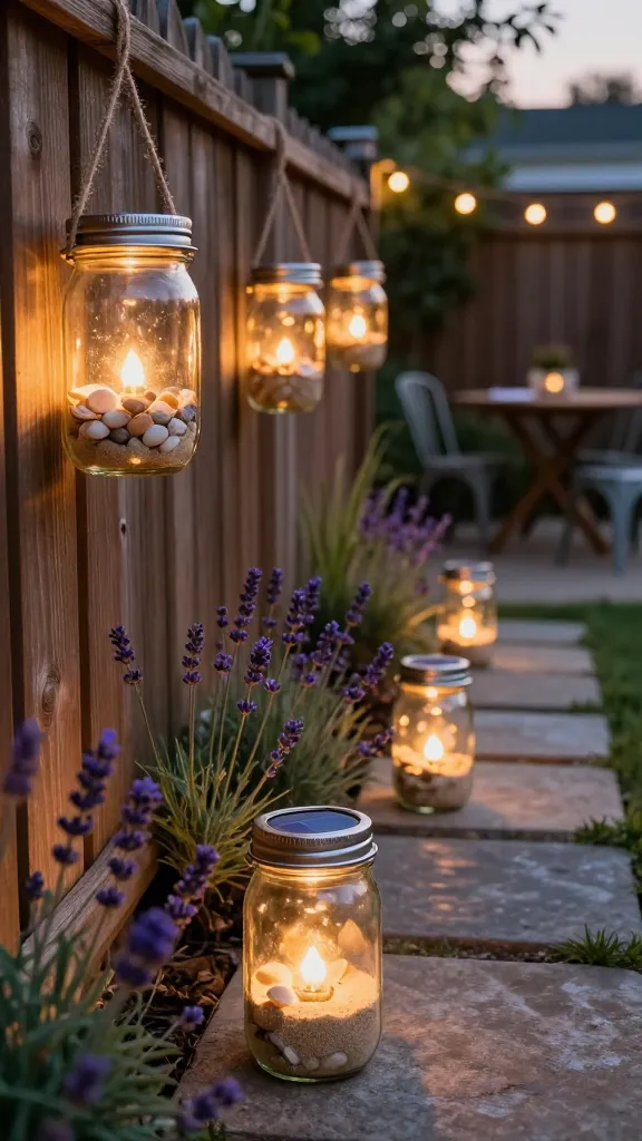 Golden-hour backyard scene featuring DIY solar jar lanterns glowing warmly at dusk: a row of clear mason jars with brushed-metal solar light heads fitted into the lids, each jar partially filled with pale sand, small seashells, and smooth river pebbles for weight. Some jars hang from rustic natural twine loops on a weathered wooden fence, while others are spaced along a flagstone garden path bordered by lavender, thyme, and soft ornamental grasses. The soft amber light pools inside each jar, casting gentle reflections on the glass and subtle highlights on the textured sand and shells. In the background, a cozy bistro-style setup with a small wooden table and two metal chairs sits beneath string lights, blurred with shallow depth of field. Humid summer air haze, realistic shadows, rich color tones, high-resolution, natural lens flare, crisp details, cinematic composition, professional photography.