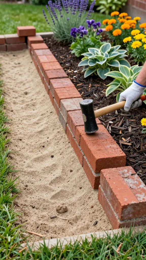 Realistic high-resolution photo of a charming DIY garden bed edged with reclaimed red bricks dry-stacked without mortar. The scene shows a shallow trench filled with level sand along a curved flower bed, with bricks set at a slight inward angle for stability and visual appeal. A gardener’s gloved hand taps a brick into place with a black rubber mallet. Some bricks are already aligned neatly, others waiting in a small stack nearby. The bed is freshly mulched with dark bark, holding tidy perennials and blooming flowers (lavender, hostas, and marigolds), while the lawn edge is crisp and green. Visible details include grains of sand, soil backfill behind the angled bricks, and natural weathering on the reclaimed brick surfaces. Soft morning light, shallow depth of field, suburban backyard setting, natural colors, no text.
