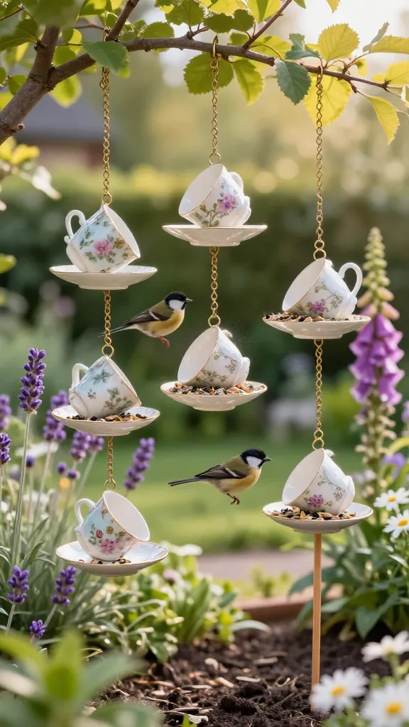 A realistic, high-resolution photo of whimsical teacup bird feeders made from mismatched vintage porcelain teacups and saucers in soft pastels and floral patterns, each cup epoxied at a slight tilt onto its saucer and suspended by delicate brass chains from a leafy tree branch. Some feeders are mounted on slender wooden dowels in the foreground garden bed. The saucers are filled with mixed wild bird seed, and a couple of small songbirds (a goldfinch and a chickadee) are actively feeding, wings slightly blurred in motion. Background shows a cozy, sun-dappled cottage garden with blooming lavender, daisies, and foxglove, shallow depth of field with creamy bokeh. Morning golden hour light, gentle shadows, subtle reflections on the glazed porcelain, natural color palette, crisp detail, photorealistic, DSLR look, no text.