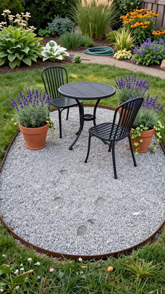 Realistic high-quality photo of a charming DIY gravel patio nook that showcases a budget-friendly garden idea: a small, cozy seating area on a defined oval of light gray pea gravel, neatly contained by simple metal or rubber edging. The scene includes a black metal bistro set (round table and two chairs) centered on the gravel, with two medium terracotta planters filled with blooming lavender and trailing ivy flanking the chairs. Visible layers show landscape fabric peeking slightly at the edge beneath the gravel. Surrounding lawn and mixed perennial borders (hostas, coneflowers, and ornamental grasses) create a lush frame. A coiled garden hose lies nearby, suggesting how the shape was marked. Soft late-afternoon sunlight, natural colors, shallow depth of field highlighting the seating area, subtle footprints in the gravel, and a tidy, micro-budget look. No text.