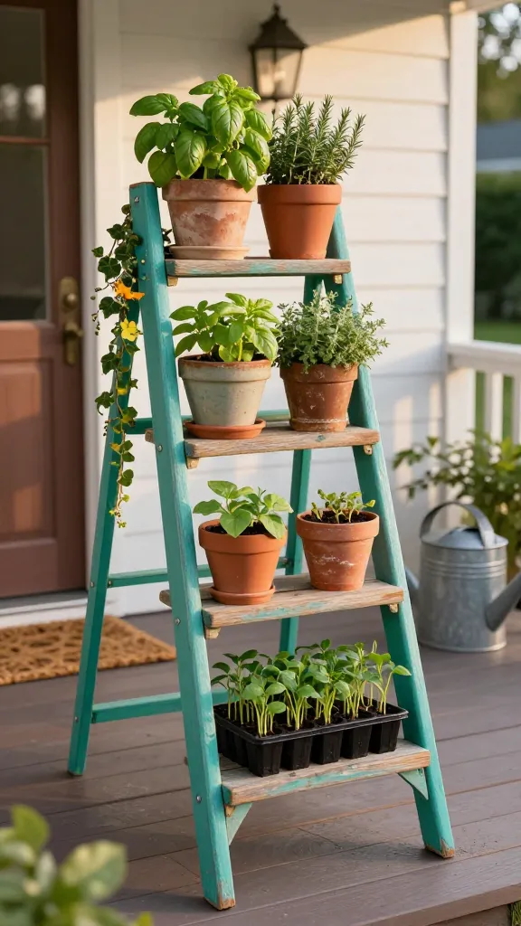 Golden-hour outdoor scene of a charming repurposed wooden ladder plant stand on a small porch patio, styled as a vertical tiered garden. A weathered A-frame ladder is painted a cheerful teal, with natural wood planks laid across several steps to form wider shelves. Each tier holds a mix of potted herbs (basil, thyme, rosemary), trailing flowers (string-of-pearls, ivy, nasturtium spilling over edges), and a few organized seedling trays with visible sprouting greens. Terracotta and mismatched ceramic pots add rustic character. Warm sunlight casts soft shadows, highlighting leaf textures and chipped paint. Background shows a cozy cottage exterior with white siding, a jute doormat, and a galvanized watering can on the deck. Subtle details include damp soil, a small hand trowel, and water droplets on foliage for freshness. Shallow depth of field keeps the ladder plant stand as the crisp focal point, with natural color grading and photorealistic lighting. No text.
