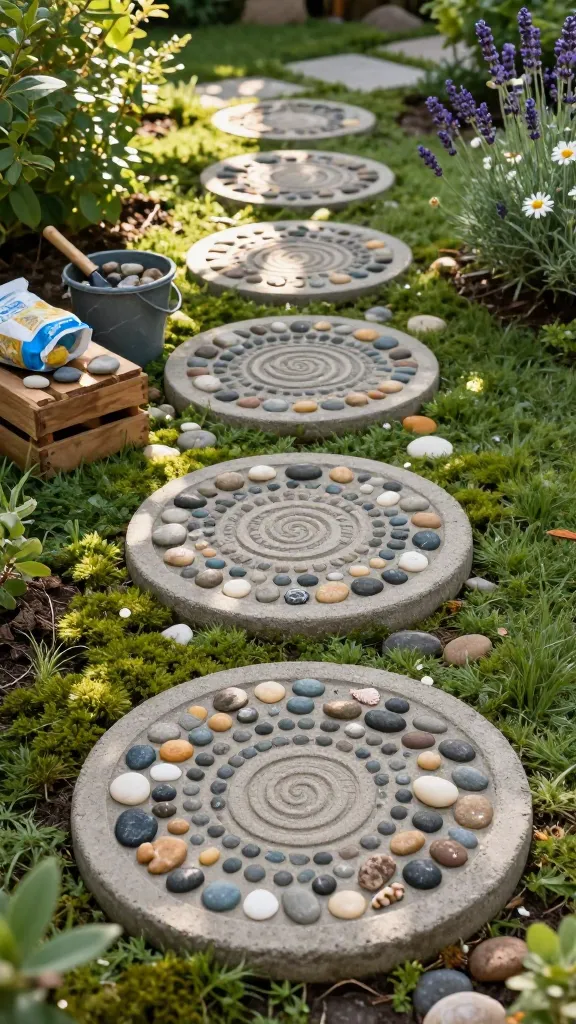 Realistic high-resolution photo of a charming backyard garden pathway featuring DIY pebble mosaic stepping stones as the star element: shallow, round stepping stones made in old cake pan molds, each with intricate patterns pressed into wet concrete using mixed pebbles, small tiles, and a few seashell accents—spiral and geometric motifs visible. The stones are set in lush green ground cover and bordered by soft moss, with dappled afternoon sunlight filtering through leafy shrubs and flowering perennials (lavender, daisies). A small bucket of leftover pebbles, a trowel, and a bag of concrete mix sit to the side on a rustic wooden crate, hinting at the crafting process. Subtle texture on the cured concrete, natural color variation in the pebbles (riverstone grays, warm tans, charcoal, and white), and a slightly wet sheen near one freshly made stone. Shallow depth of field focusing on the foremost mosaic stone, photorealistic details, natural color grading, 50mm lens aesthetic.