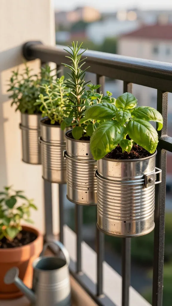 Golden-hour close-up of a charming tin can herb rail on a small urban balcony, featuring upcycled silver tin cans mounted horizontally to a black metal balcony rail with stainless steel hose clamps. Each can has neat drainage holes visible at the bottom and is planted with lush, healthy herbs—basil in the foreground with vibrant, glossy green leaves, plus rosemary and thyme nearby. The cans show subtle patina for authenticity, with soft reflections and natural wear. Background includes a softly blurred cityscape and warm sunlight casting gentle shadows on the railing. A terracotta pot and a simple watering can sit on the balcony floor for context. Moist soil texture, a few water droplets on basil leaves, and crisp, realistic color grading emphasize freshness and realism. Photographed at eye level with shallow depth of field, high-resolution detail, and natural lighting. No text.