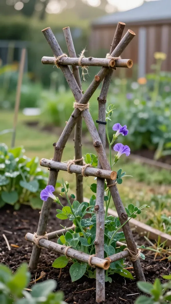 Realistic close-up photo of a handmade branch trellis for climbing plants in a backyard garden. The trellis is built from weathered, fallen branches crossed into a fan-and-grid pattern, joints neatly secured with natural jute twine and a few discreet black zip ties. The structure is anchored firmly into dark, rich soil behind a young pea plant and blooming purple morning glories beginning to wind up the branches. Soft early morning light with gentle bokeh highlights dew on leaves and the rough bark texture. Background shows a slightly blurred, lush green garden with mulch paths and a wooden fence, emphasizing the rustic, natural, budget-friendly aesthetic. Shot on a full-frame camera, 50mm lens, shallow depth of field, high-resolution, true-to-life colors, no text.