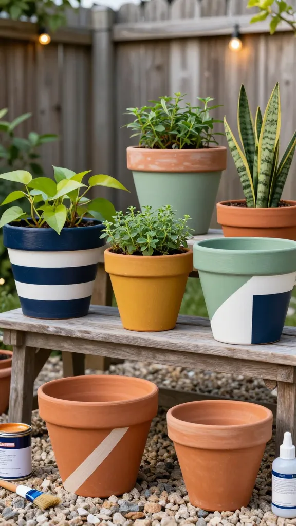 Golden-hour backyard scene showcasing a collection of hand-painted terra-cotta plant pots arranged on a rustic potting bench and gravel patio, each pot transformed with modern designer patterns—bold stripes, color blocking, and crisp geometric shapes in earthy terracotta, sage green, deep navy, mustard, and matte white. Close-up, high-resolution, realistic photo style with soft natural light. Visible painter’s tape on one in-progress pot creating a sharp diagonal, a small brush and exterior-grade paint cans nearby, and a clear waterproof sealer bottle off to the side. Subtle brush texture on the paint, sealed inner rims of the pots slightly glossy. Filled pots feature humble, healthy plants: trailing pothos, compact herbs, and a small snake plant, arranged to show how the custom designs unify the space. Background includes a weathered wooden fence, a few string lights out of focus (bokeh), and light garden greenery. Emphasis on tactile details, true-to-life colors, and a cozy, cohesive garden aesthetic. No text.