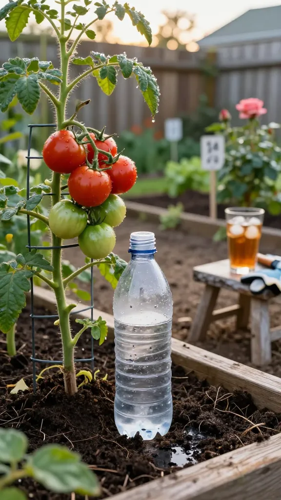 Realistic high-resolution photo of a charming DIY garden scene showcasing a low-cost drip irrigation hack: a clean, repurposed 2-liter plastic bottle with several tiny holes near its base, partially buried next to a thriving tomato plant in a raised bed. The bottle is filled with water, condensation visible inside, slowly moistening the dark, rich soil around the roots. Lush, healthy tomato vines with clusters of ripening red and green tomatoes, supported by a simple wire cage; nearby, a blooming rose bush with dewy petals. Soft late-afternoon golden sunlight filters through leaves, creating gentle bokeh and warm highlights. Background includes a rustic wooden fence, neatly mulched pathways, and a few well-labeled garden stakes. A glass of iced tea rests on a small weathered garden stool, gardening gloves and a trowel nearby for authenticity. Natural colors, shallow depth of field, sharp focus on the bottle and plant base, subtle water sheen, realistic textures of soil, leaves, and plastic. No text.