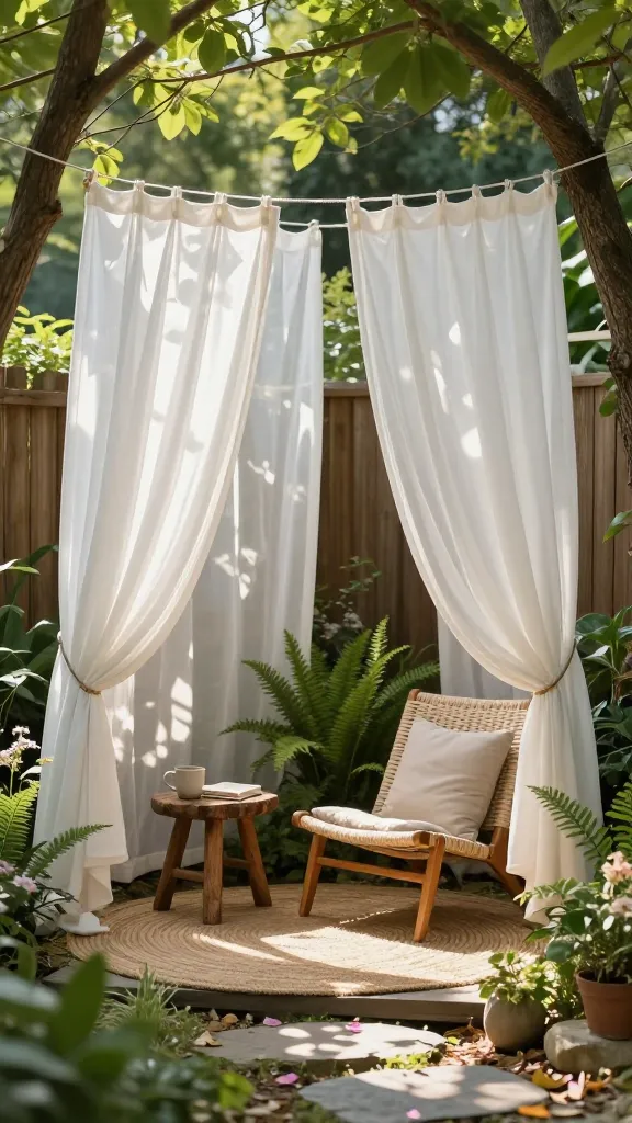 A serene, shaded garden reading nook featuring airy white curtain panels gently billowing around a cozy corner setup: lightweight fabric panels are hung from a simple tension wire strung between two tree trunks and a wooden fence, creating a soft, semi-private enclosure under dappled afternoon light. Inside, a comfy woven lounge chair with a neutral cushion sits beside a small rustic wooden side table holding a mug and a closed book. Lush greenery, ferns, and flowering perennials surround the space, with sunbeams filtering through leaves casting delicate shadows on a natural jute rug. Subtle rope ties gather the curtains, and a few fallen petals and textured stone pavers add realism. Shot as a high-resolution, natural-light photograph at golden hour, shallow depth of field, warm tones, inviting and tranquil atmosphere.