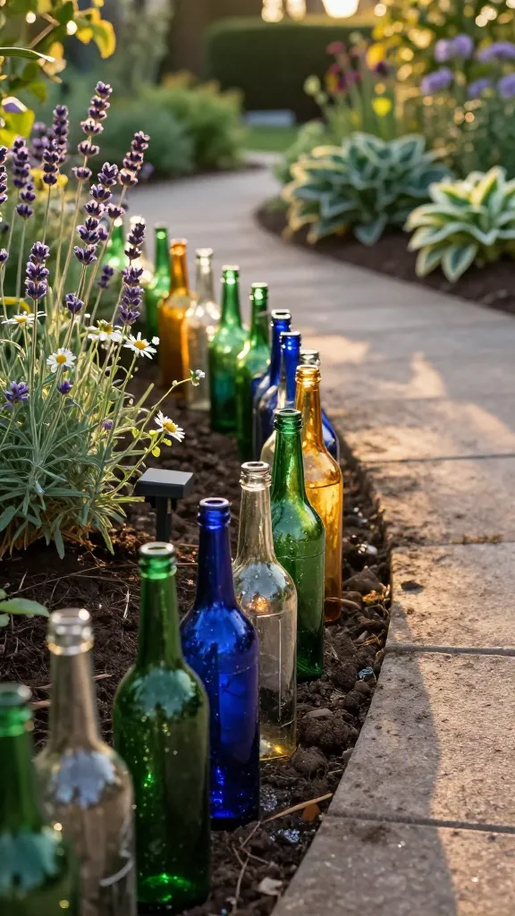 Golden-hour garden pathway bordered by upcycled glass bottles, necks buried in a shallow trench and angled slightly outward for stability, forming a whimsical, cohesive edge. The bottles are a harmonious mix of emerald green, cobalt blue, and amber, catching warm sunlight that makes them sparkle like stained glass. Nearby perennial beds with lavender, hostas, and daisies soften the scene, while small solar path lights discreetly tucked among the bottles prepare to glow, hinting at a twinkling nighttime ambiance. Realistic textures: damp soil around the trench, faint water spots on some bottles, soft bokeh foliage in the background, and warm, natural shadows. Shot as a high-resolution, close-to-mid shot at low angle to emphasize the bottle border’s curve along the path, with shallow depth of field and vibrant, true-to-life colors.