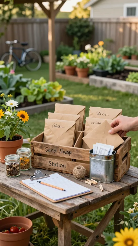 Golden-hour backyard scene featuring a charming DIY “Seed Swap Station” as the focal point: a rustic weathered wooden crate on a small potting table under a pergola, surrounded by lush container plants and vegetable beds. Inside the crate, neatly arranged kraft paper envelopes labeled by hand (date and variety visible through positioning, but no text readable), separated by simple dividers. A vintage metal weatherproof tin sits open beside them, with seed packets peeking out. A small clipboard with a pencil and notepad for requests rests on the table. Include a few small glass jars with sorted seeds (sunflower, marigold, tomato), twine, a date-stamp, and a couple of clothespins. Subtle signs of neighborly participation: a hand placing an envelope, a bicycle leaning on a fence in the background, and a couple of terracotta pots nearby. Soft, warm natural light, shallow depth of field, realistic textures (paper grain, patina on tin, soil crumbs), vibrant garden greens and florals, photo-real style, 50mm lens look.