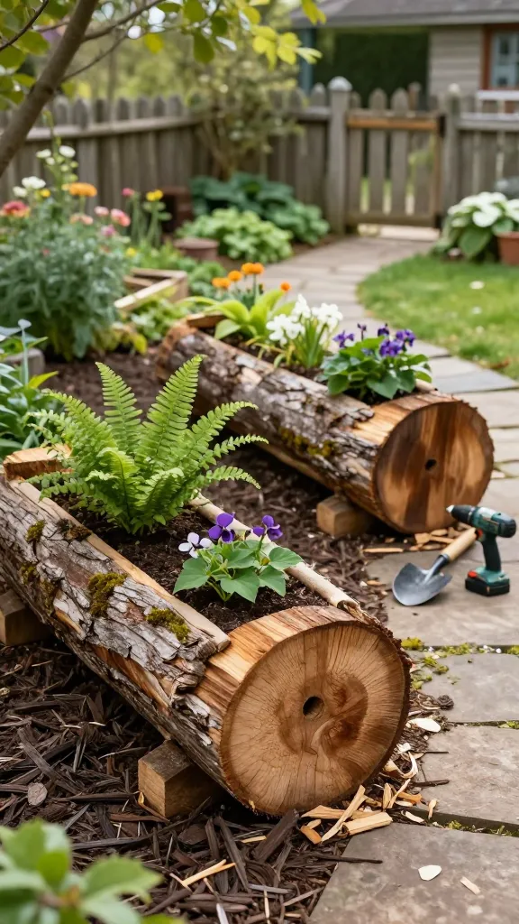 A realistic, high-resolution photo of DIY rustic log planters in a charming cottage-style garden, emphasizing budget-friendly, handmade appeal. Feature two hollowed logs (8–12 inches in diameter) used as planters, each carved with a shallow trough and visible drilled drainage holes underneath. The logs are naturally weathered with mossy patches and textured bark, placed on a mulched bed beside a winding stone path. Inside, line edges subtly reveal landscape fabric beneath rich, dark soil planted with shade-loving ferns, woodland flowers (trilliums, violets, bleeding hearts), and small hostas. Soft, dappled morning light filters through overhead trees, creating gentle shadows. Include scattered wood shavings near one log, a hand spade and cordless drill set aside to hint at DIY steps. Background shows a rustic split-rail fence, wildflowers, and a cozy cottage garden vibe. Shallow depth of field, natural color grading, highly detailed textures, no text.