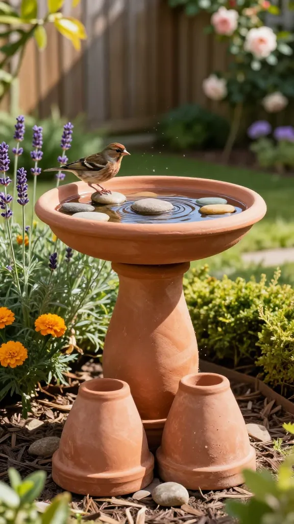 A realistic, high-resolution photo of a DIY bird bath made from stacked terra-cotta pots in a sunny backyard garden. Two inverted terra-cotta pots form the base with a third smaller pot on top, supporting a wide terra-cotta saucer sealed with a subtle satin finish. The saucer is filled with shallow water and several flat river stones arranged for safe bird footing. A small finch perches at the rim while another bird splashes gently in the water, creating soft ripples. Surrounding the bird bath are blooming lavender, marigolds, and low boxwood edging, with a mulch bed beneath and dappled sunlight filtering through leaves. The background shows a softly blurred wooden fence and trellis with climbing roses for depth. Natural color tones, crisp details, shallow depth of field, golden-hour lighting, realistic textures of clay, water, and stone, photographic style.