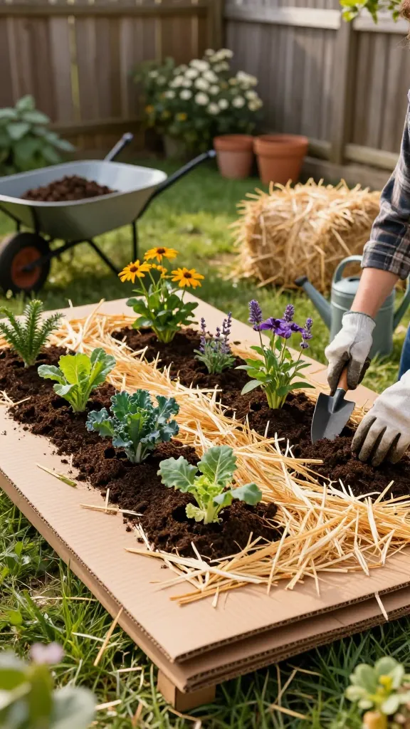 Golden-hour, realistic high-resolution photo of a charming no-dig garden flower bed in a small backyard. The scene shows a newly built layered bed: overlapping brown cardboard sheets laid directly on grass with edges clearly visible, a thick layer of dark, rich compost on top, and a finishing blanket of golden straw mulch. Several neat planting holes are cut through the straw and compost, revealing the cardboard layer beneath, with young flowering perennials (echinacea, lavender, and rudbeckia) and a few leafy vegetable starts (kale and chard) tucked in, already looking perky. A gardener’s gloved hands and a small hand trowel are in frame, gently placing a plant into a hole. Nearby are a wheelbarrow with compost, a bale of straw, and a watering can. The background includes a simple wooden fence, a couple of terracotta pots, and soft bokeh from blooming shrubs. Natural, warm lighting, shallow depth of field, crisp textures of cardboard, compost, and straw, true-to-life colors, no text.