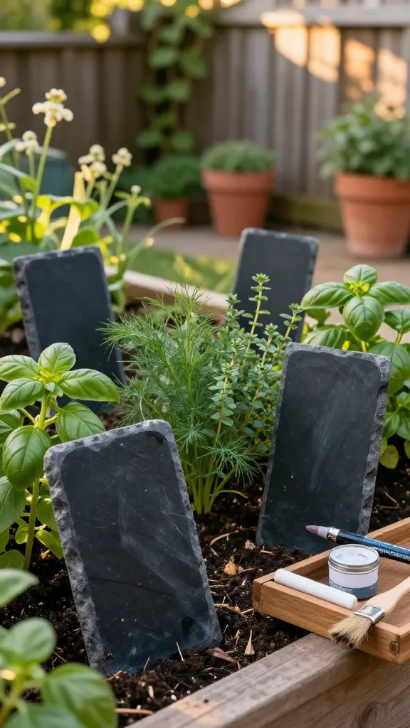 A realistic, high-resolution photo of a cozy backyard herb garden at golden hour featuring chalk-painted slate plant markers as the focal point. In the foreground, several flat, dark slate pieces with matte black chalkboard-painted rectangles are staked upright in rich soil beside lush, identifiable herbs like dill, fennel, thyme, and basil. The slate edges are naturally rough and weathered; the writing areas are clean and slightly satin from a light sealant, with visible subtle brush strokes. A white grease pencil and a fine-tip paint pen rest on a small wooden caddy nearby, along with a half-used tin of chalkboard paint and a small brush with dried paint on the bristles. Soft, warm sunlight filters through leafy greenery, creating gentle bokeh and casting crisp shadows on the soil. Background shows a rustic raised bed, terracotta pots, and a wooden fence with climbing vines, all slightly out of focus to emphasize the markers. Colors are earthy and natural: deep greens, charcoal slates, warm browns, and sunlit highlights. The overall mood is curated, practical, and charming, with light garden patina and no visible text on the markers.