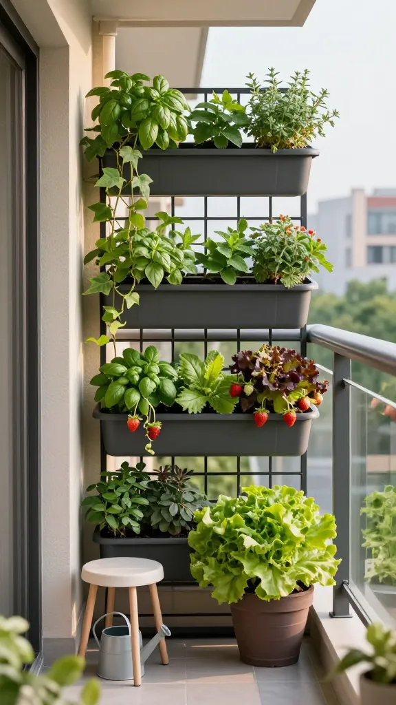 Realistic high-resolution photo of a small urban balcony garden showcasing vertical gardening as the main subject: a narrow, modern balcony with sunlight filtering through, featuring a tidy grid of wall-mounted planters and repurposed rain gutters filled with lush herbs (basil, thyme, mint), strawberries with ripening fruit, and vibrant salad greens. A slim black metal trellis supports trailing ivy and pothos cascading downward, while a few pocket planters add layered height variation. The floor is mostly clear except for a compact bistro stool and a small watering can, emphasizing saved floor space. Clean lines, intentional arrangement, and mixed heights create a lush, layered look. Background shows a soft-focus cityscape and adjacent fencing used as vertical real estate. Natural colors, crisp details, shallow depth of field, golden-hour lighting, DSLR realism. No text.