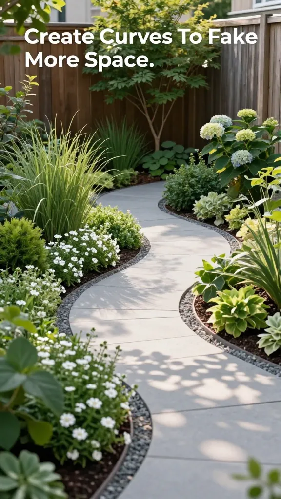 Realistic high-resolution photo of a small urban backyard garden showcasing “Create Curves To Fake More Space.” Main subject: a compact garden with lush, curved planting beds and a gentle S-curve path that visually enlarges the space. The path is made of light gray pavers bordered by fine gravel, winding from the foreground to a partially hidden corner. Low mounding plants like white alyssum and creeping thyme soften the bed edges, spilling slightly onto the path. Taller plants and shrubs (ornamental grasses, hydrangea, small Japanese maple) strategically obscure the far corners to add mystery. Mixed textures: glossy evergreen shrubs, airy grasses, matte stone pavers, weathered wooden fence. Dappled late afternoon light filtering through leaves, subtle shadows emphasizing curves. Natural color palette: fresh greens, soft whites, muted grays, warm wood tones. Shallow-to-moderate depth of field highlighting the sinuous path and curved borders, realistic photographic detail, no people, no text.