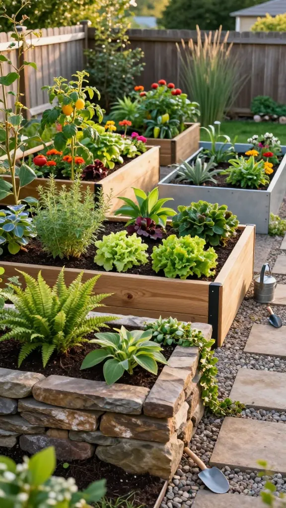 Realistic high-resolution photo of a small backyard garden transformed with tiered raised beds, showcasing a compact “botanical stadium” effect. The main subject is a lush, efficient small garden layout: three ascending tiers of raised beds built from stacked stone in the foreground, with additional narrow tiers of cedar boards and a single metal panel bed to the side for variety. Each tier is densely planted—top tier in full sun with bright, thirstier plants like tomatoes, peppers, marigolds, and basil; middle tier with herbs, dwarf zinnias, lettuce, and compact shrubs; lowest, partially shaded tier with ferns, hostas, and trailing heuchera. Beds are lined neatly with landscape fabric visible at the edges, filled with rich, dark soil and compost. Sturdy black metal corner brackets are visible on the cedar beds. The setting is a gentle slope in a small, awkward corner of the yard, where the tiers create structure and drama. Natural golden-hour light enhances textures of stone, wood grain, and foliage. A narrow gravel path and stepping stones provide access at hand height for easy maintenance, with a small watering can and hand trowel placed naturally. Background includes a simple wooden fence, a few ornamental grasses, and soft bokeh from neighboring greenery. Hyper-detailed, true-to-life colors, shallow depth of field, 35mm lens look, no text.