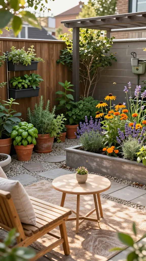 Realistic high-resolution photo of a small urban patio garden divided into mini “rooms,” showcasing clever zoning that makes every inch count: foreground features a cozy lounge nook on an outdoor rug with a slim teak bench, two neutral cushions, and a small round bistro table; to the left, an herb corner on pea gravel with terracotta pots of basil, rosemary, thyme, and mint, plus a compact vertical planter on a fence; to the right, a sunny pollinator patch edged by low planters acting as “walls,” filled with lavender, echinacea, salvia, and marigolds buzzing with bees and a butterfly. Subtle separation between zones created by contrasting ground materials (outdoor rug, pea gravel, and pavers) and staggered planters. Soft, golden late-afternoon light, dappled shadows from a pergola slat overhead, warm natural tones, realistic textures of wood, stone, and foliage, shallow depth of field that still keeps all zones legible. Lush, inviting, lived-in but tidy, no people, no text.