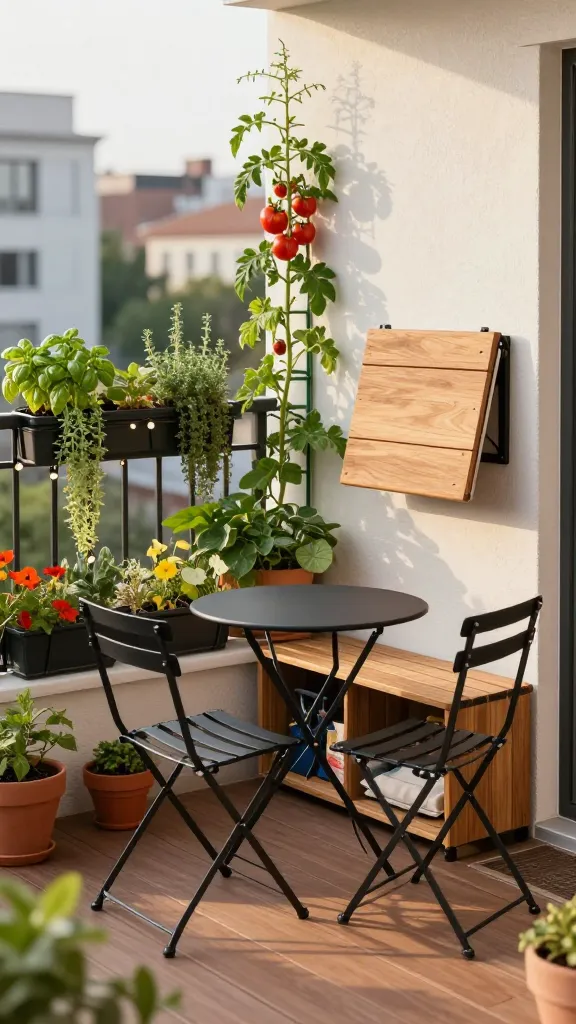 Realistic, high-resolution photo of a tiny urban balcony garden at golden hour, showcasing slim, multi-use furniture as the hero within a lush, productive space. The main subject is a compact fold-flat black metal bistro set (two slender chairs and a round table) pulled out for use beside a narrow, wood-toned storage bench with a lift-up seat partially open, revealing neatly stored garden tools and cushions. A wall-mounted drop-leaf table in natural wood is folded down against a white stucco wall, with simple black metal brackets visible. The planting layout maximizes every inch: vertical trellis with tomatoes and climbing beans, hanging planters with trailing herbs, slim rectangular planters along the railing overflowing with basil, thyme, and nasturtiums, and a few terracotta pots with peppers. The balcony has warm-toned decking, matte black railing, and soft string lights. Natural light creates gentle shadows, highlighting clear circulation space between furniture and planters. Color palette: greens, warm woods, matte black, terracotta. Depth of field: sharp foreground on furniture and herbs, softly blurred cityscape background. No people, no text, hyper-real detail, editorial interior design style.