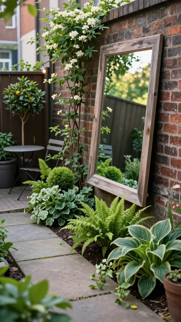 Ultra-realistic outdoor photo of a tiny urban backyard garden using “mirror magic”: a weathered brick wall on the right holds a large, weatherproof, shatter-resistant rectangular mirror with a rustic, reclaimed-wood frame, angled slightly to reflect lush greenery and dappled light rather than the street beyond. In the foreground, a narrow flagstone path weaves between compact raised beds overflowing with shade-friendly plants—ferns, hostas, heuchera, and trailing ivy—plus a few dwarf boxwood spheres for structure. Soft morning light bounces off the mirror, brightening a formerly shaded corner and visually doubling the space. A slim bistro chair and small round metal table sit opposite the mirror beneath a climbing jasmine trellis, with string lights subtly visible but unlit. The fence line is softened with vertical planters and a small espaliered fruit tree. No people, no visible neighboring clutter; focus on the realistic textures of the mirror frame, brick, foliage, and natural light, shallow depth of field, high-resolution, editorial-quality garden photography.