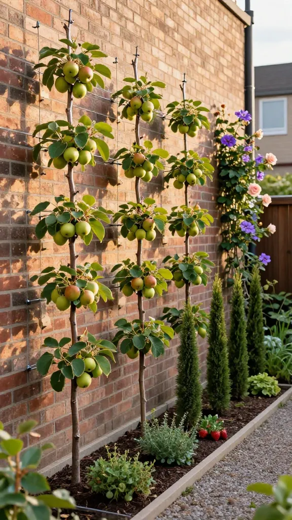 Golden-hour realistic photo of a small urban backyard garden showcasing vertical growing: a sun-warmed brick wall with neatly trained espalier apple and pear trees on taut horizontal stainless-steel wires, branches pruned flat in symmetrical tiers with small ripening fruits. In the narrow bed below, a row of columnar apple trees and slender Italian cypress provide upright structure, with a sky pencil holly near the corner. Climbing roses and purple clematis weave lightly along the upper wires for seasonal color. The ground space is minimal: a slim gravel path, low edible underplantings like thyme and strawberries, and dark mulch. Include subtle pruning cuts, wire anchors, and soft dappled light, with realistic textures of leaves, bark, fruit bloom, and brick; shallow depth of field, professional high-resolution garden photography.