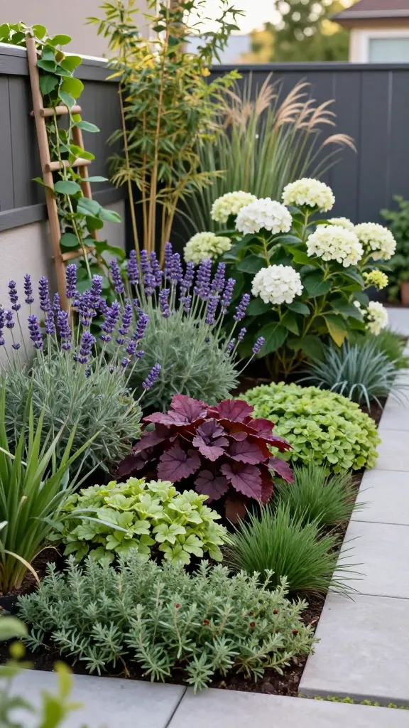 Realistic high-resolution photo of a small urban backyard garden showcasing layered planting heights like a scenic sandwich: in the foreground, a tidy front strip with creeping thyme spilling between stepping stones, low mounds of sedum, and neat tufts of dwarf mondo grass; midground features repeated clusters (odd numbers) of lavender, heuchera with rich burgundy leaves, and compact dwarf hydrangeas with soft white blooms; background shows slim clumps of non-invasive bamboo, a simple wooden trellis with green bean vines climbing, and airy ornamental grasses swaying behind. Cohesive, tight color palette of greens, silvery lavender, burgundy, and white. Soft late-afternoon light, shallow-to-moderate depth of field emphasizing three clear layers, clean modern fencing, and a narrow path guiding the eye through the layers. Photorealistic, richly textured foliage, natural shadows, no people, no text.