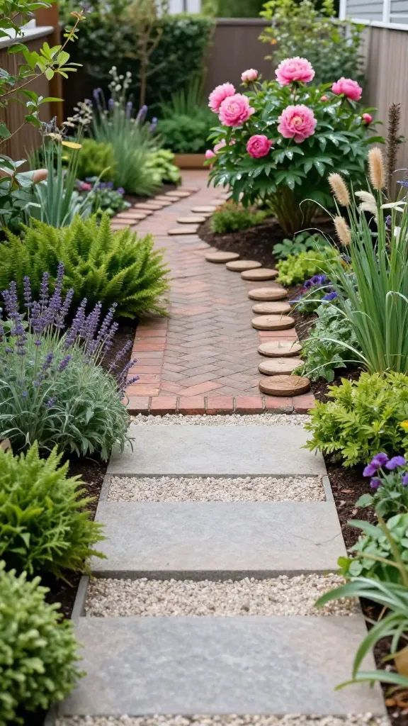 A realistic, high-resolution photo of a small urban backyard garden designed to maximize space, featuring purposeful pathways that guide the eye to a blooming prized peony focal point. The garden includes three distinct path materials used in different zones: a modern section with large rectangular stepping stones set in pale gravel, a classic corridor with brick laid in a tight herringbone pattern, and a rustic corner path made of evenly spaced wood rounds. Each path is at least 24 inches wide and edged with low, neatly clipped evergreen borders and soft drifts of perennials. Beds are densely planted with layered textures—ferns, lavender, boxwood mounds, and airy ornamental grasses—framing the paths like a gallery. The prized peony, full of lush pink blooms, is positioned at the end of the main path as a visual destination. Soft morning light, realistic shadows, slight dew on leaves, and a natural color palette. Shot at eye level with a shallow depth of field that leads viewers along the paths while keeping plant details crisp. No people, no text.