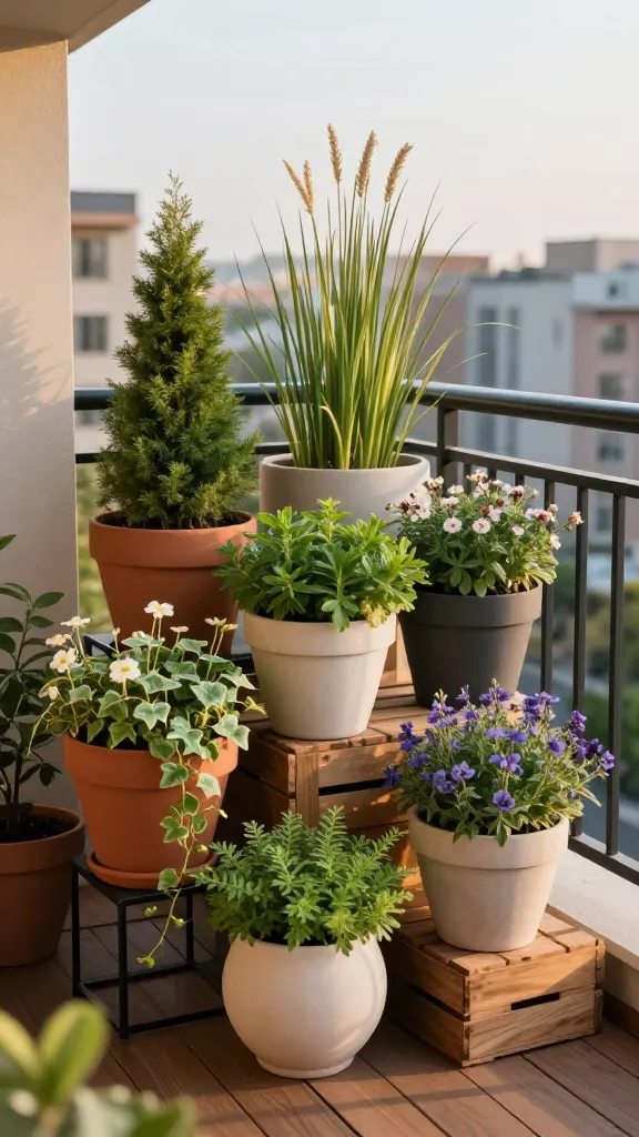A realistic, high-resolution photo of a small urban balcony showcasing “pot clusters” as the focal garden strategy: multiple container groupings arranged in curated clusters rather than single pots. The scene features 3–4 cohesive clusters using 2–3 pot colors (matte terracotta, charcoal, and soft cream) and a mix of materials (ceramic and lightweight fiberstone). Each large pot in the clusters follows the thriller–filler–spiller formula: tall ornamental grasses and dwarf columnar evergreens as thrillers; lush mounded herbs and compact flowering annuals as fillers; cascading ivy, sweet potato vine, and trailing lobelia as spillers. Vary pot heights by placing some on simple black metal stands and rustic wooden crates to create layered dimension. The balcony has warm wooden decking, a simple black metal railing, and soft late-afternoon golden light casting gentle shadows. Background softly blurred cityscape and sky for depth, no text or people. Subtle seasonal touches (spring blooms and fresh green foliage) hint at easy swap-outs across seasons. Photorealistic, sharp details, natural colors, shallow depth of field, lifestyle editorial quality.