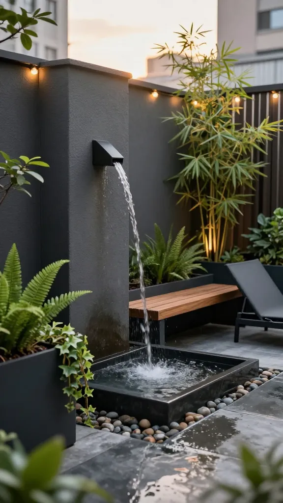 Golden-hour photo of a tiny urban patio garden showcasing a slim, modern water feature as the focal point: a tall, narrow wall-mounted spout pours a gentle sheet of water into a shallow rectangular basin with river pebbles, framed by charcoal-gray stucco. The space is compact, with a slim wood bench and two low-profile lounge chairs nearby so the sound can be enjoyed. Lush but minimal planting—ferns, dwarf bamboo, and trailing ivy in matte black planters—softens the edges without crowding. Warm string lights and soft shadows create a calming, zen atmosphere; wet stone subtly reflects light. Background hints of a cityscape beyond a vertical slat screen. Realistic, high-resolution photography, shallow depth of field, natural textures, soft ambient lighting, no people, no text.
