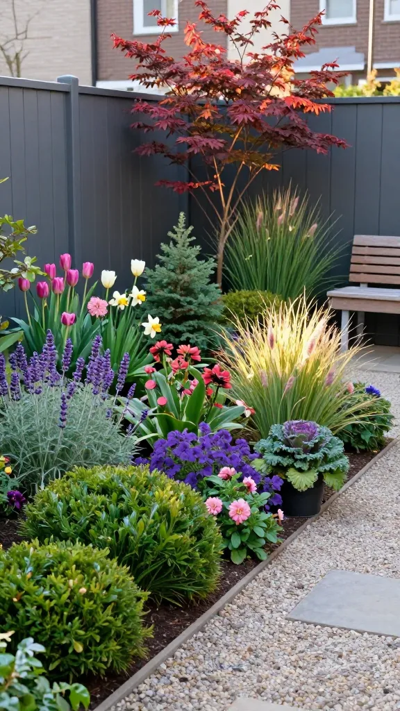 Realistic high-resolution photo of a compact urban courtyard garden designed for year-round interest, viewed at eye level in soft late-afternoon light. In the foreground, a tidy gravel path curves past low boxwood mounds and glossy holly, with red twig dogwood stems glowing against a matte fence. Layered plantings fill a small raised bed: spring tulips, daffodils, and hellebores peeking between evergreen structure; summer drift of lavender and salvia with a few dwarf dahlias; early-fall asters and sedum ‘Autumn Joy’ blushing rose; winter interest from ornamental kale and tufted grasses catching the light. Repeated accents of deep purple, soft pink, and fresh green tie the planting together. Include a compact wooden bench and a small black metal pot with kale and hellebore near the path for scale. The scene feels lush but orderly, with varied textures (spiky grasses, smooth boxwood, airy blooms) and a subtly blurred background to emphasize the layered four-season mix. No people, no text.