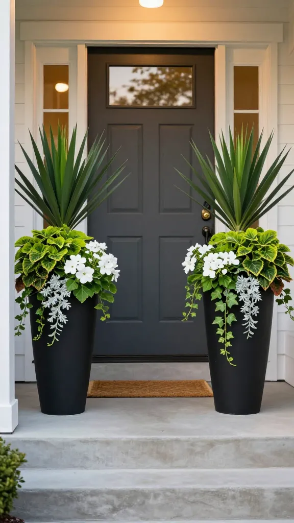 Golden-hour front porch of a charming suburban home showcasing two bold statement planters framing the front door as the main subject; symmetrical composition with tall, tapered matte-black planters for a modern look, each planted using the thriller-filler-spiller formula: a dramatic deep-green yucca or dracaena as the thriller, lush chartreuse coleus and white impatiens as fillers, and cascading ivy and silver dichondra spilling over the edges; cohesive color palette limited to green, white, and charcoal with subtle brass hardware on the door; clean concrete steps, a natural fiber doormat, and warm sidelights softly illuminating the entry; shallow depth of field emphasizing the planters, high-resolution realistic photography, soft warm lighting, no people, no text