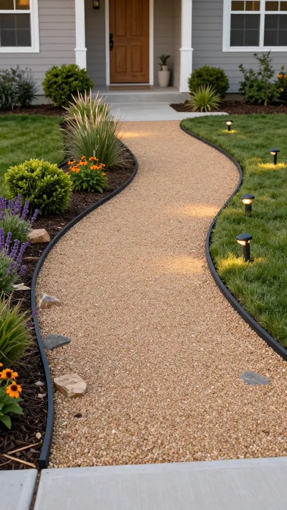 Golden-hour, realistic front yard of a small suburban home showcasing a newly carved curved gravel path as the main subject, creating inviting movement from the sidewalk to the front door. The path gently sweeps through a compact lawn, edged cleanly with slender black steel edging and irregular natural stone accents at the bends. Under the gravel, a hint of landscape fabric peeks at the path edges, with a top layer of warm buff pea gravel/decomposed granite compacted smooth. Low, modern black solar path lights punctuate the curve, softly glowing as dusk approaches. Lush but tidy plantings frame the path: mounded boxwood, lavender, and ornamental grasses (festuca and feather reed grass), with a few blooming perennials (salvia, coneflower) for color. The existing straight concrete walkway is visible off to the side, looking stiff by comparison. The house exterior is neutral (light gray siding, white trim, natural wood door), with a welcoming porch and simple planters. Natural, soft side lighting, shallow depth of field emphasizing the curve and texture of the gravel, high-resolution, hyper-real photo. No text.