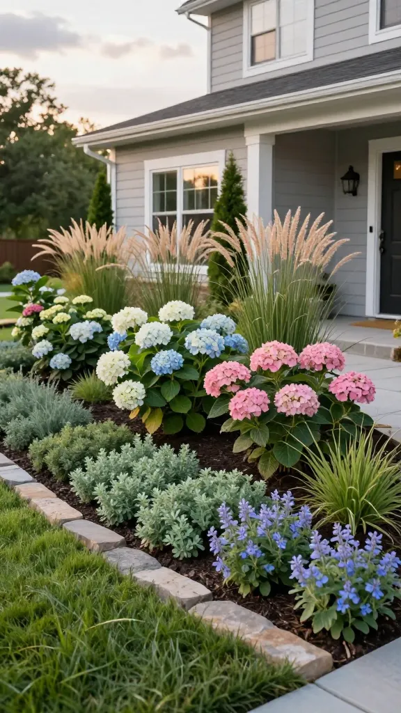 Realistic, high-resolution front yard garden showcasing layered planting for instant curb appeal: a suburban Craftsman-style home with a medium-width front foundation bed running along the porch, captured in soft late-afternoon golden light. The planting is arranged in three clear tiers for depth and order. Back row: a continuous sweep of tall, airy ornamental grasses (switchgrass and feather reed grass) mixed with a few narrow upright evergreens (juniper or Italian cypress) for vertical structure against the house. Middle row: lush, blooming hydrangeas (white and pale blue mopheads) and pink spirea, evenly spaced for rhythm, with healthy foliage and subtle shadows. Front row: a neat ribbon of low, textural groundcovers and perennials—creeping thyme and compact catmint with soft lavender-blue flowers—spilling slightly over a crisp natural-stone edging. A clean, curved walkway of light gray pavers leads to the porch, with a dark mulch layer unifying the beds. Include a well-maintained green lawn framing the bed, tasteful black metal sconces by the front door, and a neutral exterior (light gray siding, white trim) to let the plants pop. Overcast clouds parted for warm light, shallow depth of field emphasizing the layered plant heights, no people, no text, hyper-real detail.