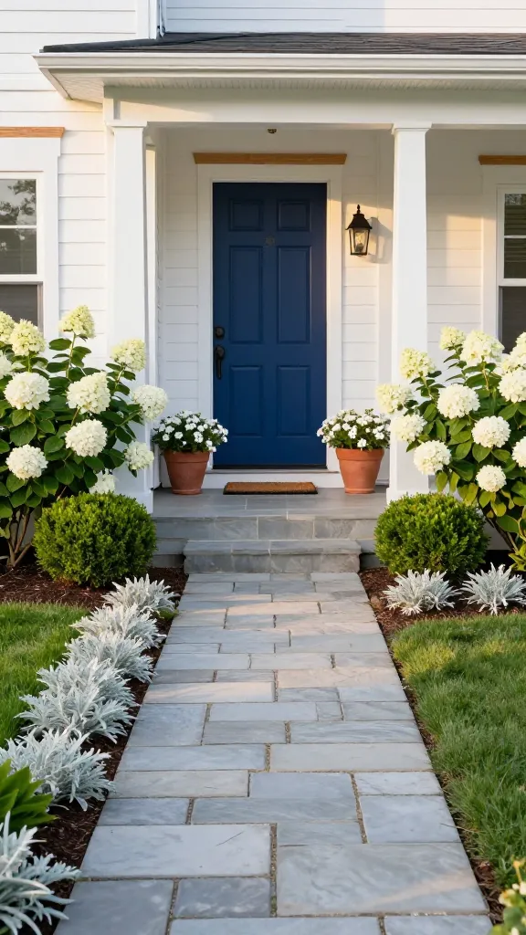 Realistic, high-resolution front yard garden showcasing instant curb appeal with a bold front-door color and matching blooms as the focal point. Suburban Craftsman-style home at golden hour, clean white exterior with natural wood accents and a prominent navy-blue front door. Pathway of light gray flagstone leads to the entry, bordered by lush planting beds. On both sides of the walk and flanking the porch: abundant white hydrangea shrubs in full bloom, soft silver lamb’s ear as a low edging, and neatly clipped deep-green boxwood mounds for structure. Add a few terracotta pots near the steps with complementary white alyssum spilling over. Freshly mulched beds, manicured lawn, black metal lantern sconces by the door, and a simple natural coir doormat. Soft, warm sunlight creates gentle shadows and a welcoming glow, with crisp detail, shallow depth of field focusing on the door and coordinated plant palette. No people, no text. Photorealistic, ultra-detailed, 50mm lens look.