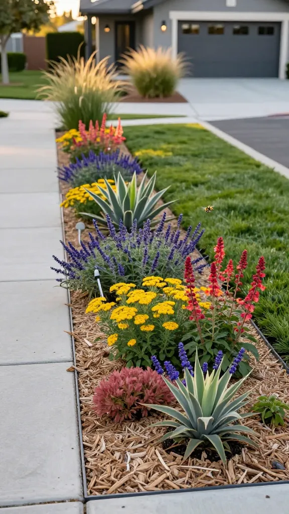 Realistic high-resolution photo of a front yard garden showcasing a transformed curbside lawn strip turned into a drought-smart border, with the main subject being a lush, curb-appeal-boosting front yard. The narrow parkway between sidewalk and street is planted with drought-tolerant species: clusters of golden yarrow, purple-blue salvia spikes, rosy sedum mats, coral-red penstemon wands, and a few sculptural agaves as focal points. Drip irrigation emitters are subtly visible at plant bases. Ground is covered with warm-tone decorative gravel and light bark mulch, with clean steel edging. A contemporary Craftsman-style home sits in the background with a neat entry path, native grasses softly moving in a light breeze, and a couple of honeybees hovering near salvia blooms. Golden hour lighting with soft shadows, realistic color, shallow depth of field emphasizing the vibrant pollinator-friendly border while keeping the house slightly out of focus. Shot at sidewalk level, slightly angled down the strip, ultra-detailed textures of foliage, gravel, and agave rosettes, no text.
