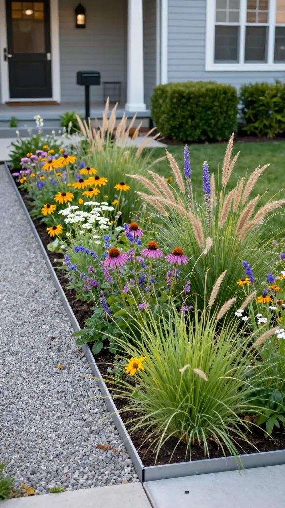 Realistic high-resolution photo of a tidy front yard mini meadow designed to boost curb appeal: a small urban/suburban front garden with a crisp steel edging border and a narrow gravel path leading to a welcoming front porch. Inside the defined bed, a dense, naturalistic mix of region-appropriate native wildflowers and grasses in peak bloom—purple coneflower, black-eyed Susan, yarrow, prairie dropseed, and little bluestem—swaying gently in soft evening light. The edges are meticulously clean, with a low boxwood hedge segment accenting one side for structure. A modern craftsman-style house façade in the background, freshly painted, with a simple mailbox and clean walkway. Butterflies and a couple of bees visible, subtly reinforcing wildlife appeal without clutter. Colors are vibrant yet natural, with shallow depth of field emphasizing the meadow textures and crisp borders. No signage or text, hyper-real photographic detail.