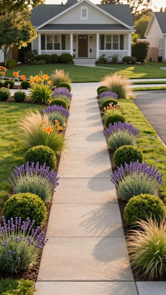 Golden-hour, street-level photo of a suburban front yard where the main subject is a front yard garden that dramatically boosts curb appeal by flanking a long concrete driveway with repeating plant groups; both sides feature rhythmic rows of compact boxwood balls for structure, drifts of lavender and rosemary for fragrance, and alternating bands of daylilies and soft ornamental grasses for seasonal movement. The driveway leads the eye toward a charming, light-colored craftsman-style home with a welcoming porch, fresh mulch defining crisp planting beds, clean edging, and a tidy lawn. Warm sunlight highlights the texture of the boxwood and the purple lavender blooms, with subtle breeze-blurred grasses adding motion. Realistic, high-resolution photography, balanced composition, shallow depth of field that keeps the repeating plant rhythm sharp while gently softening the house, natural colors, no people, no text.