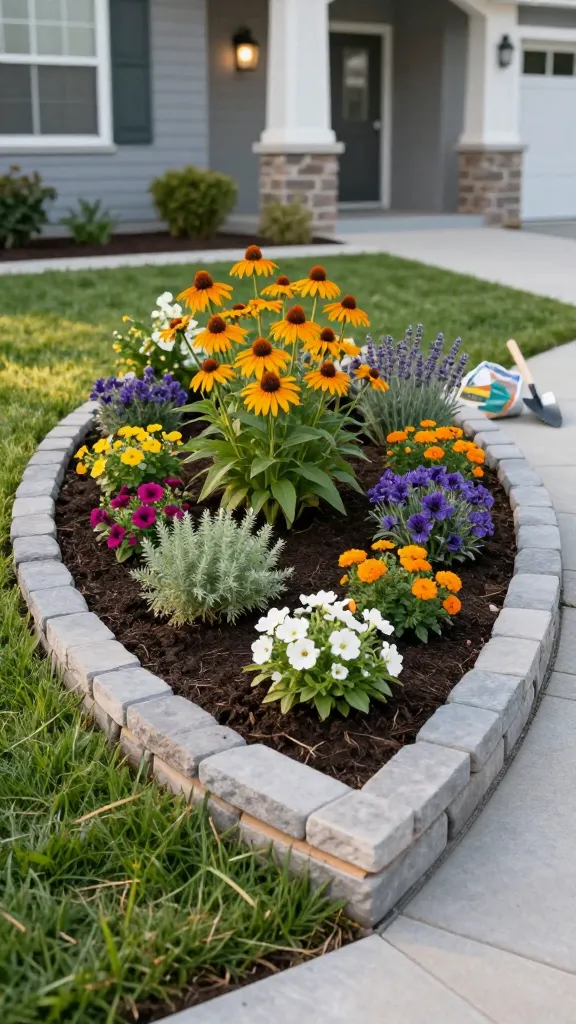 Realistic high-resolution photo of a small suburban front yard showcasing a newly built fast flower bed with raised edging as the focal point, boosting curb appeal. The bed is an oval “garden island” in the lawn near a walkway, bordered with smooth, light-gray stone/composite edging about 6 inches high. A layer of visible cardboard peeks from under fresh, rich dark compost and topsoil at the edges, subtly showing the smothering step. The bed is densely planted: medium-height perennials like coneflowers, salvia, and daylilies in the center; low mounding perennials like heuchera and lavender toward the edge; and bright annuals (petunias, marigolds) tucked in for color pops. A small bag of compost and a trowel rest nearby to imply quick setup. Morning golden light, clean modern craftsman-style home facade blurred in background, tidy green lawn, realistic textures of soil, stone, and foliage, natural color palette, shallow depth of field, 50mm lens look, no people, no text.