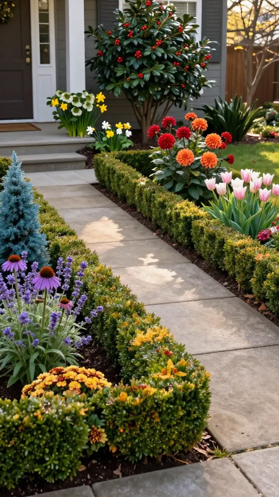 Realistic front yard garden of a charming suburban home that boosts curb appeal: a well-kept walkway edged with low, neatly clipped boxwood hedges providing year-round structure, interplanted in layered drifts with seasonal stars for pops of color—tulips in soft pinks and whites for spring near the front, dahlias in bold reds and oranges for summer farther back, and rust-and-gold mums for fall at the walkway corners. On one side, upright blue-green junipers anchor a mixed bed with purple coneflowers (echinacea) and lavender asters for late-summer/fall bloom. Near the porch, glossy-leaved holly shrubs with red berries pair with pale hellebores and sunny daffodils emerging beneath. Morning golden-hour light, slightly dewy foliage, rich natural colors, shallow depth of field highlighting the layered plantings, tasteful mulch, clean edging, and a welcoming front door partially visible in the background. Photorealistic, high-resolution, wide-angle garden shot with natural shadows and crisp detail, no text.