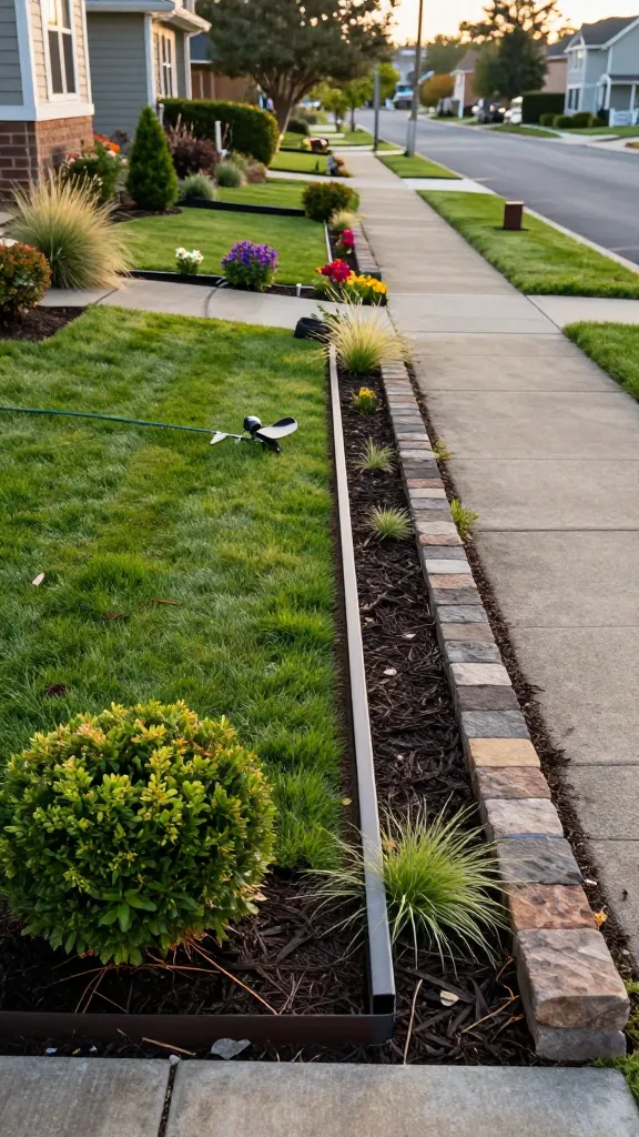A realistic, high-resolution front yard scene showcasing “edge beds” as the star: a tidy suburban home with a welcoming walkway and lush green lawn, where crisp garden bed edges dramatically define layered plantings. Show three edging styles side-by-side along the front beds for comparison: a clean natural trench edge cut sharply into the turf; a sleek, dark steel edging strip creating a crisp, modern line; and a short run of neatly aligned stone/brick “soldier” edging for a classic look. Plantings are simple but elegant—low boxwood mounds, a drift of colorful perennial salvia, soft ornamental grasses, and seasonal annuals for pops of color—arranged to highlight the edges. Golden-hour lighting to enhance texture and contrast, with moist, dark mulch meeting the edges cleanly and no grass clippings or debris. Include a half-moon edger tool resting near the trench edge, subtle garden hose off to the side, and a quiet residential street backdrop for curb appeal context. Shot as a wide-angle, eye-level photo with shallow depth of field emphasizing the razor-sharp bed lines. No text.