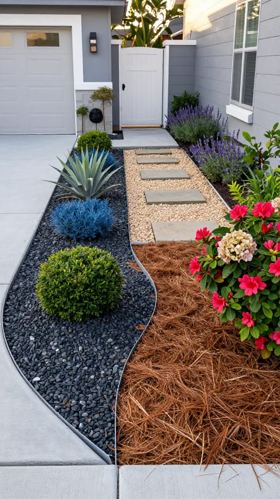 Realistic, high-resolution front yard garden showcasing a curb-appeal transformation with decorative gravel and pine straw replacing faded mulch: a modern suburban home with clean lines and a neutral facade. In the foreground, wide curving planting beds flank a straight, smooth concrete walkway to the front door. The left bed is finished with dark granite gravel (charcoal/black), crisp metal edging, and structured plantings—boxwood spheres, blue fescue, and a sculptural agave—creating a sharp, modern look. The right bed is finished with fresh pine straw in a rich cinnamon tone around azaleas, hydrangeas, and camellias, evoking Southern charm. A small side strip features a buff pea gravel path with natural stone stepping pads leading to a cottage-style white gate, bordered by lavender and salvia. Weed-free, meticulously tidy surfaces highlight the vibrant, healthy plants; no plastic visible. Morning golden light, soft shadows, slightly overcast sky to reduce glare. Include a black lava rock accent near a minimalist mailbox, and subtle river rock edging near the foundation. Realistic textures of gravel, straw, leaves, and bark; true-to-life color; shallow depth of field that keeps the entire front yard in crisp focus; no people, no text.