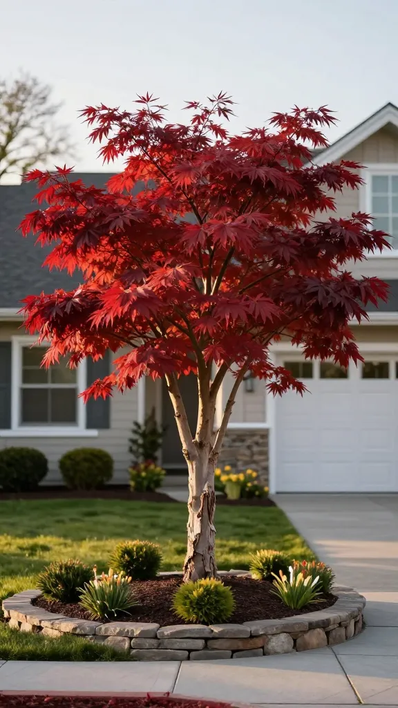 Golden-hour, front yard scene centered on a single sculptural Japanese maple as the dramatic focal tree, its layered, lace-leaf canopy in vibrant crimson contrasting with textured, peeling gray-brown bark; set in a tidy modern suburban landscape with a curved stone-edged planting bed, low evergreen mounds, spring bulbs, and mulch, leading to a light-colored Craftsman-style house set well back to avoid crowding; crisp, natural lighting with soft shadows, shallow depth of field that keeps the tree sharp while subtly blurring the porch and pathway; realistic color grading, high-resolution, ultra-detailed bark and leaf texture, no people, no text.