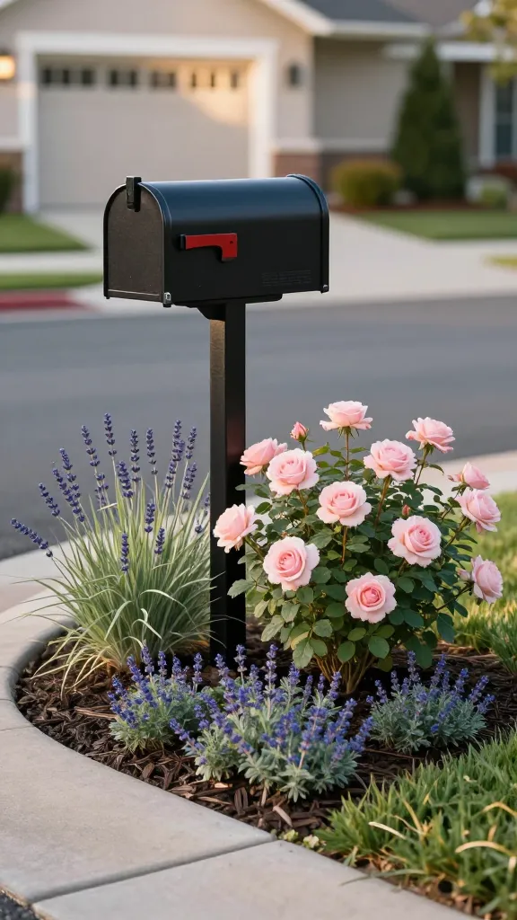 Realistic high-resolution photo of a charming front yard garden focused on a stylish, modern black mailbox on a simple post at the curb, surrounded by a neat, oval planting bed that boosts curb appeal. The bed features compact blush-pink shrub roses, soft blue-lavender catmint in gentle drifts, and a low edging carpet of blooming creeping thyme between natural stone mulch, with a few dwarf fountain grasses adding airy texture and movement. Background shows a well-kept suburban home facade blurred with shallow depth of field, a clean driveway edge, and a green lawn. Warm late-afternoon golden hour lighting, soft shadows, and a slightly elevated eye-level angle. Emphasis on tidy composition, realistic plant textures, dew-kissed petals, and natural color palette. No people, no text, no house numbers—just an inviting, tasteful mailbox vignette that reads as a small project with big curb appeal.