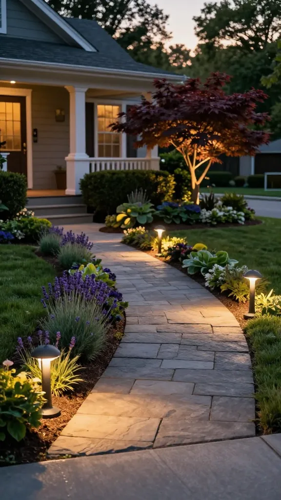 Golden-hour-to-twilight realistic photo of a charming suburban front yard garden that showcases simple nighttime lighting: a welcoming Craftsman-style home with a small front porch, trimmed hedges, layered perennial beds (lavender, hostas, boxwood), and a curved stone walkway leading from the sidewalk to the front steps. Warm white path lights (2700–3000K) are evenly spaced 6–8 feet apart along the walkway, casting soft pools of light on flagstones and low plantings. Discreet uplights graze a specimen Japanese maple and two porch columns, creating gentle vertical drama without glare. The lawn is neatly edged, flower borders are mulched, and the front steps are clearly illuminated for safety. Use a low, slightly wide-angle perspective from the sidewalk looking toward the house, with a rich, realistic color palette and subtle bokeh in the background. Include hints of solar fixtures near the path but emphasize clean, low-voltage metal fixtures for a more refined look. No people, no text, crisp detail, high dynamic range, natural shadows, cinematic yet true-to-life lighting.