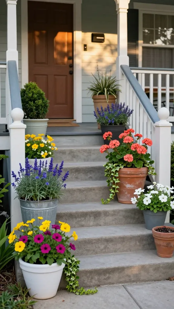 Golden-hour front yard of a charming Craftsman-style home with a deep, welcoming front porch and a wide set of four concrete steps leading up from a tidy walkway, each step lined with clustered containers to create lush, layered curb appeal without any in-ground planting. Feature one oversized statement pot near the bottom step (weathered terracotta, overflowing with vibrant coral geraniums, trailing ivy, and upright purple salvia), flanked by two medium ceramic planters in soft sage and charcoal for balance (planted with dwarf boxwood and lavender for structure and fragrance). Fill gaps with two to three smaller pots in mixed finishes—galvanized metal, matte white, and rustic clay—planted with seasonal color like bright yellow calibrachoa, magenta petunias, and white bacopa, plus a couple of textural accents like blue fescue and variegated ornamental grass. Include a few trailing plants spilling gracefully down step edges. The porch railings and columns frame the scene, with a classic black mailbox and warm wood door in the background. Soft, dappled sunlight highlights leaf textures and bloom colors; shallow depth of field keeps focus on the container clusters. Realistic, high-resolution photo with natural colors, no text.