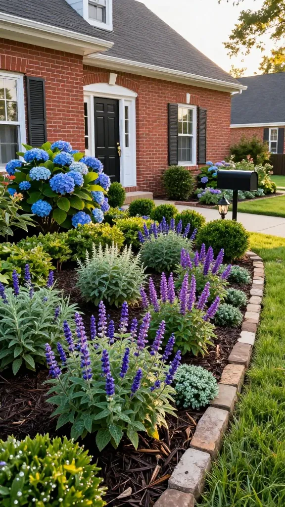 Realistic high-resolution photo of a charming suburban front yard garden designed to boost curb appeal, showcasing plant choices guided by house colors. A warm red-brick colonial-style home with white trim and a black front door serves as the backdrop. The front pathway is edged with neat boxwood mounds and a mix of blue and purple flowering perennials, including drifts of salvia, catmint, and blue hydrangeas, creating a cohesive palette that intentionally complements the brick. In the foreground, sunlit textures highlight layered beds with varied heights: taller hydrangeas near the facade, medium salvia and catmint mid-bed, and low creeping thyme along a stone border. The lawn is lush and neatly edged; a simple black metal mailbox and a classic lantern-style light add subtle accents. Golden-hour lighting with soft shadows, slightly overcast sky for even tones, realistic details like mulch, dewdrops on leaves, and a clean concrete walkway. Shot at eye level with a wide-angle lens to capture the house and full planting scheme, crisp focus, natural colors, no people, no text.