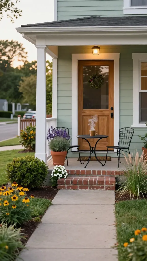 Golden-hour front yard of a charming, lived-in suburban home showcasing a small seating moment: a compact black metal bistro set (two chairs, round table) placed near the front entry on a modest brick stoop, sized appropriately for the narrow porch. A terracotta pot of fragrant lavender and rosemary sits beside the table, with a trailing pot of white alyssum on the step. The house has a light sage-green exterior with white trim, a natural wood front door with sidelights, and clear sightlines to the facade—no clutter or oversized furniture. A simple path of concrete pavers leads from the sidewalk to the door, bordered by low, well-kept plantings: boxwood mounds, echinacea, and soft ornamental grasses. A subtle, warm porch sconce glows, and a ceramic mug with steam rests on the table to suggest morning coffee. Background includes a tidy lawn, a picket fence partially visible, and soft bokeh of a quiet, friendly neighborhood street. Realistic lighting, crisp details, shallow depth of field, editorial-quality photo.