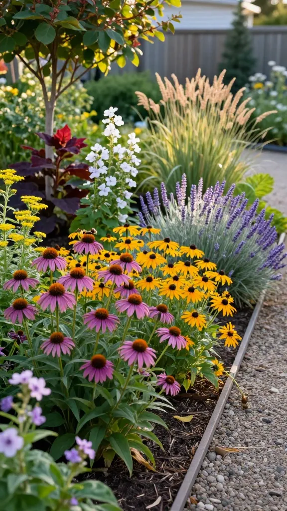 Realistic high-resolution photo of a beginner-friendly, low-maintenance native plant garden in midsummer, showcasing easy beauty with bold color and structure. Main subject: a lush, thriving bed of native plants. In the sunny foreground, drifts of purple coneflower (Echinacea) and black-eyed Susan (Rudbeckia) mix with soft yellow yarrow, buzzing with a few bees and butterflies. To the left, a partial-shade border under a small tree features coral bells with burgundy leaves, foamflower with delicate white blooms, and woodland phlox in soft lavender. A dry, gravelly strip along a pathway on the right includes silvery lavender, compact sage, and airy prairie dropseed, all looking healthy without irrigation. Naturalistic, layered planting with mulch and existing soil visible, no hoses or elaborate edging. Warm late-afternoon light, shallow depth of field highlighting texture and color, realistic details of foliage and blooms, soft bokeh background of a simple fence and modest suburban home, conveying easy-care native gardening success. No text.
