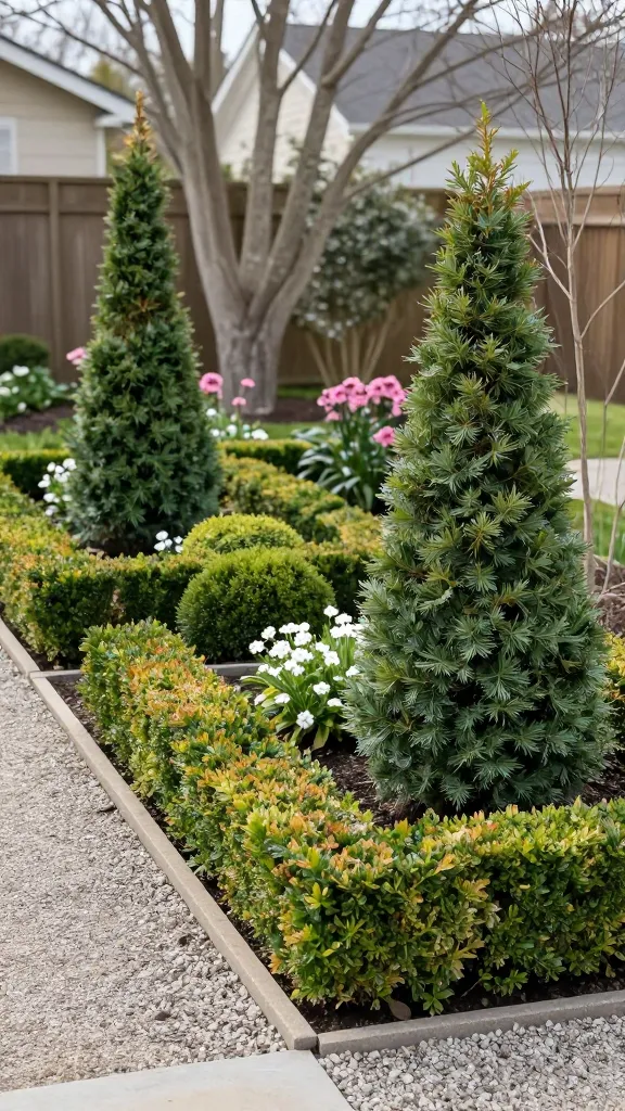 Realistic high-resolution garden photo showcasing low-maintenance design with evergreen anchors as the star feature: a small beginner-friendly suburban front garden framed by neat boxwood and inkberry holly low hedges forming simple geometric beds, with a pair of slim columnar yews flanking a pathway for vertical accents, and textural juniper and dwarf spruce mounds staggered through the beds for depth. Seasonal bloomers are lightly sprinkled—soft pink coneflowers and white gaura peeking between evergreens—without overpowering the scene. Clean gravel mulch and a simple stone path minimize mess. Soft morning light, late winter-early spring feel so the garden still looks complete and structured, with no leaves on surrounding deciduous trees. Colors natural and balanced; focus sharp with shallow depth of field emphasizing the evergreen shapes and textures; no people, no text.